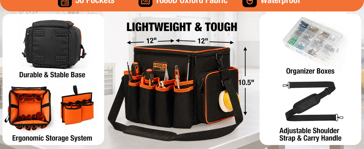 10-Inch Tool Bag Organizer with 50 Pockets, 1680D Waterproof Tool Box | with Screw StoraBox, -in Bottom Support, Shoulder Strap, Durable Oxford, Tool Storafor Mechanic, Electrician