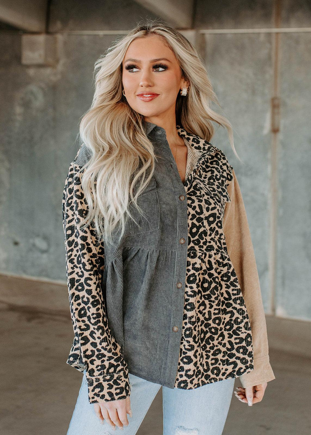 corduroy mix block button top