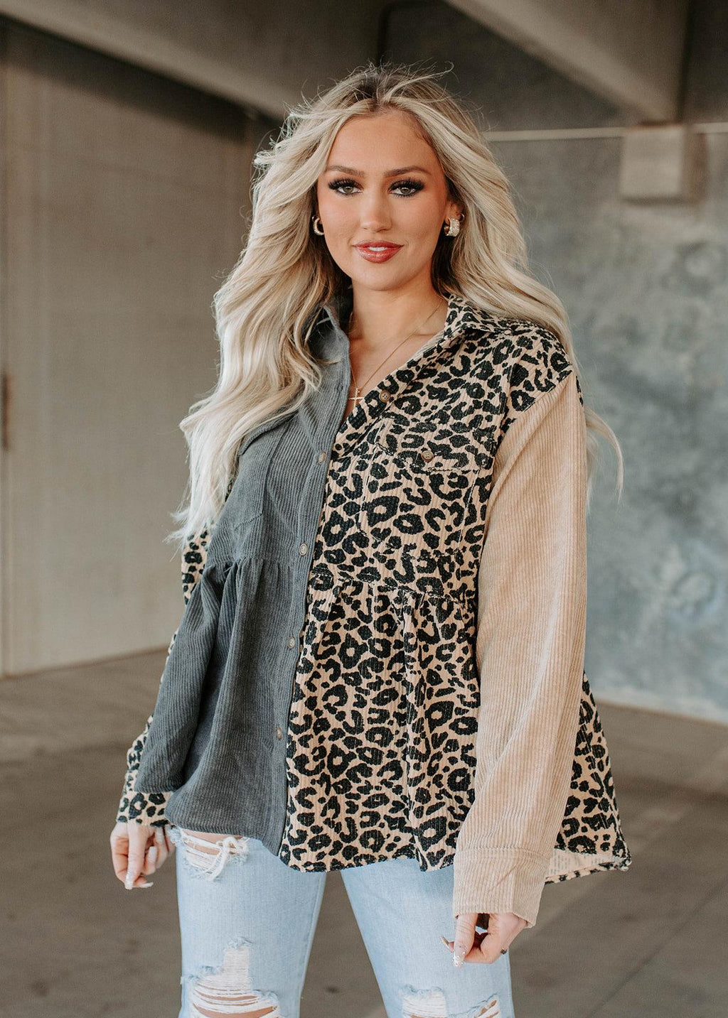 corduroy mix block button top