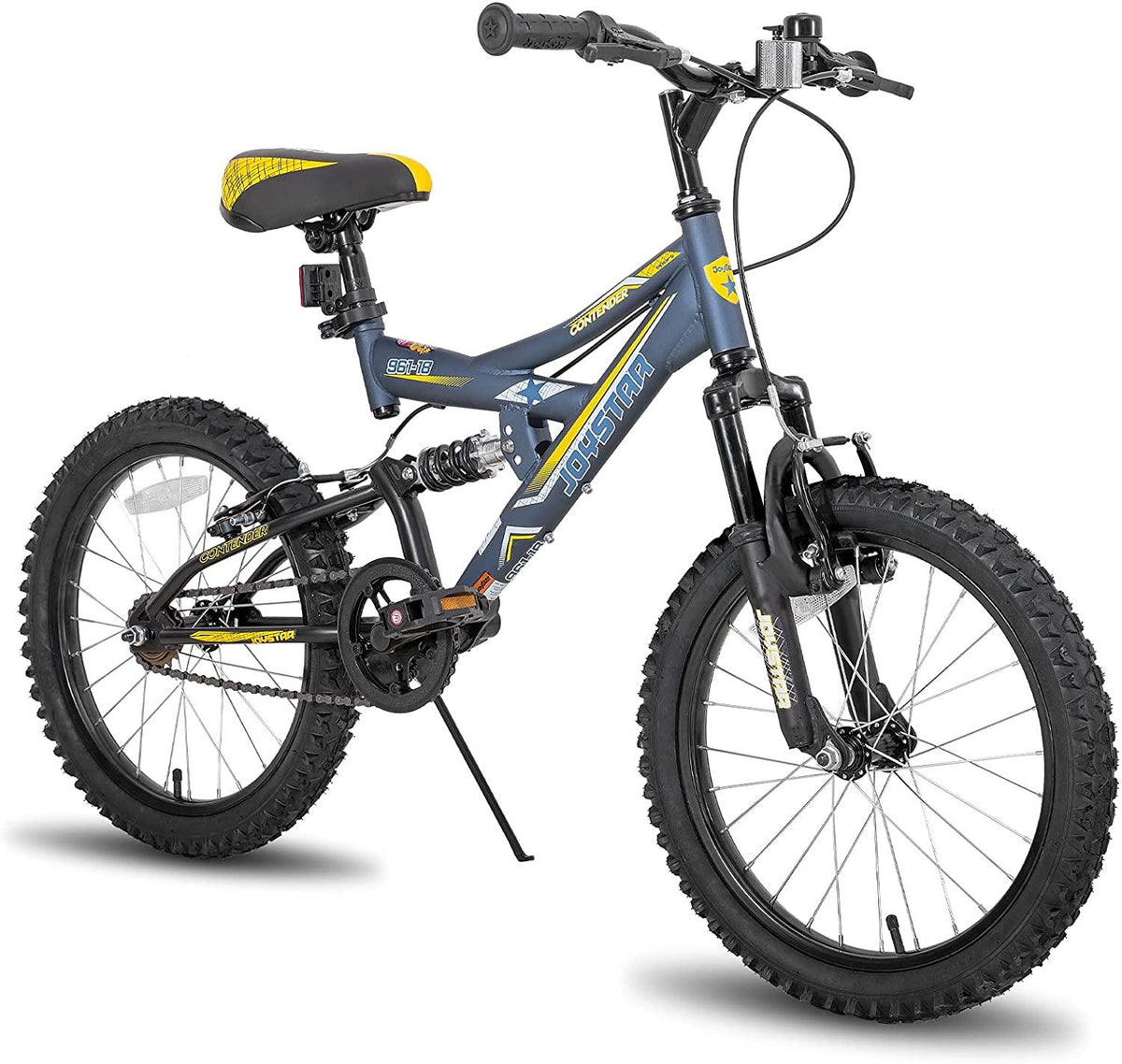 JOYSTAR Contender 18 &amp; 20 Inch Kids Mountain Bike for Boys &amp; Girls Featuring Small Steel Full Dual-Suspension Frame and 1-Speed Drivetrain with Kickstand Included Blue Black