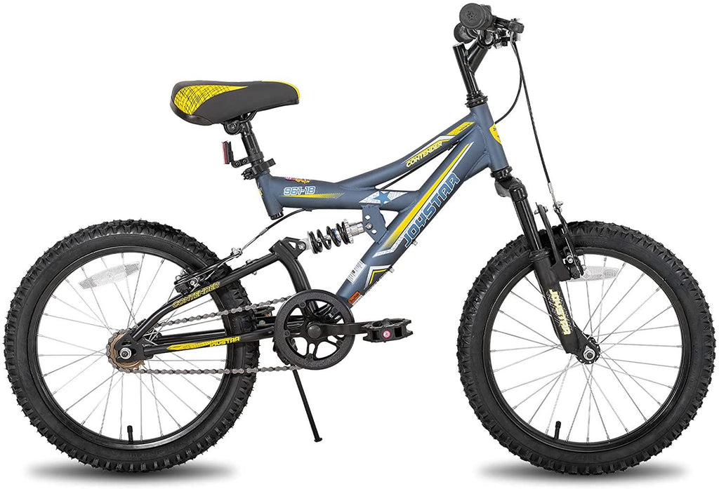 JOYSTAR Contender 18 &amp; 20 Inch Kids Mountain Bike for Boys &amp; Girls Featuring Small Steel Full Dual-Suspension Frame and 1-Speed Drivetrain with Kickstand Included Blue Black