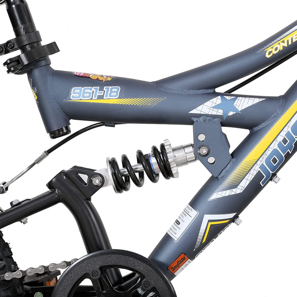 JOYSTAR Contender 18 &amp; 20 Inch Kids Mountain Bike for Boys &amp; Girls Featuring Small Steel Full Dual-Suspension Frame and 1-Speed Drivetrain with Kickstand Included Blue Black