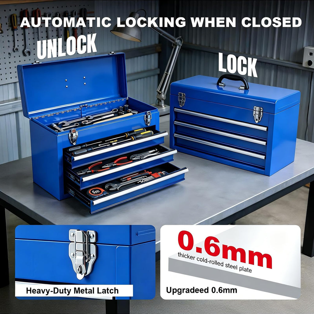 ANTBD133-XU  3 Drawer 20.5" Portable Metal Tool Box: Ball-Bearing Slides and 2 Metal Latches for Secure Closure in Garage, Home or Workbench, Blue