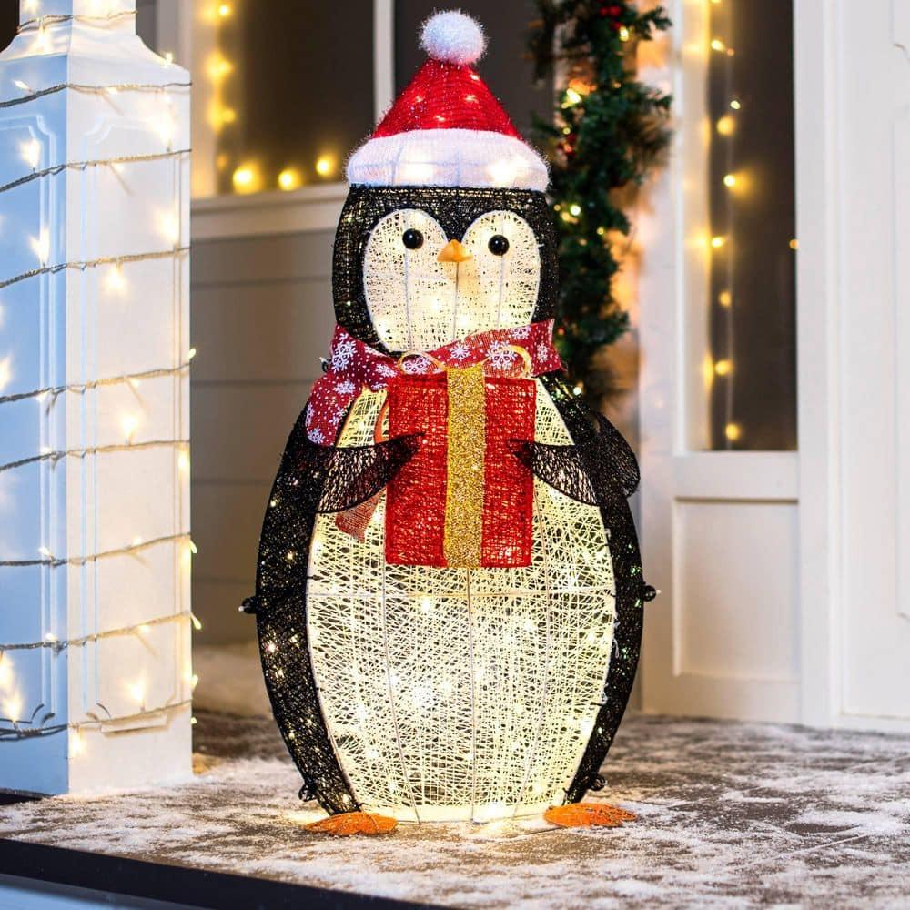 36 in. Tall White, Black and Red Cotton Penguin LED Yard Light