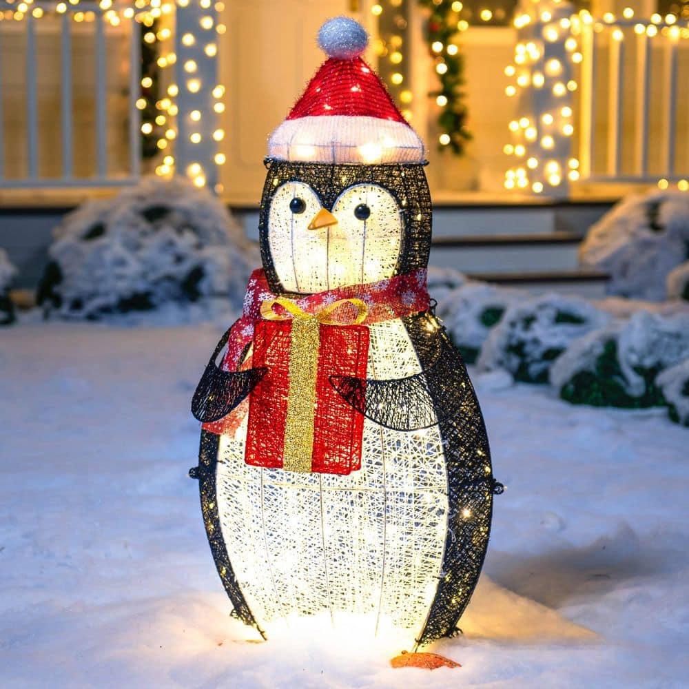36 in. Tall White, Black and Red Cotton Penguin LED Yard Light