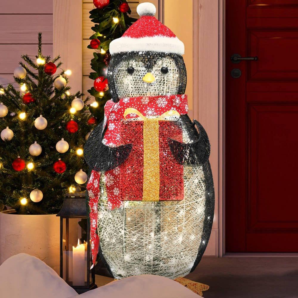 36 in. Tall White, Black and Red Cotton Penguin LED Yard Light
