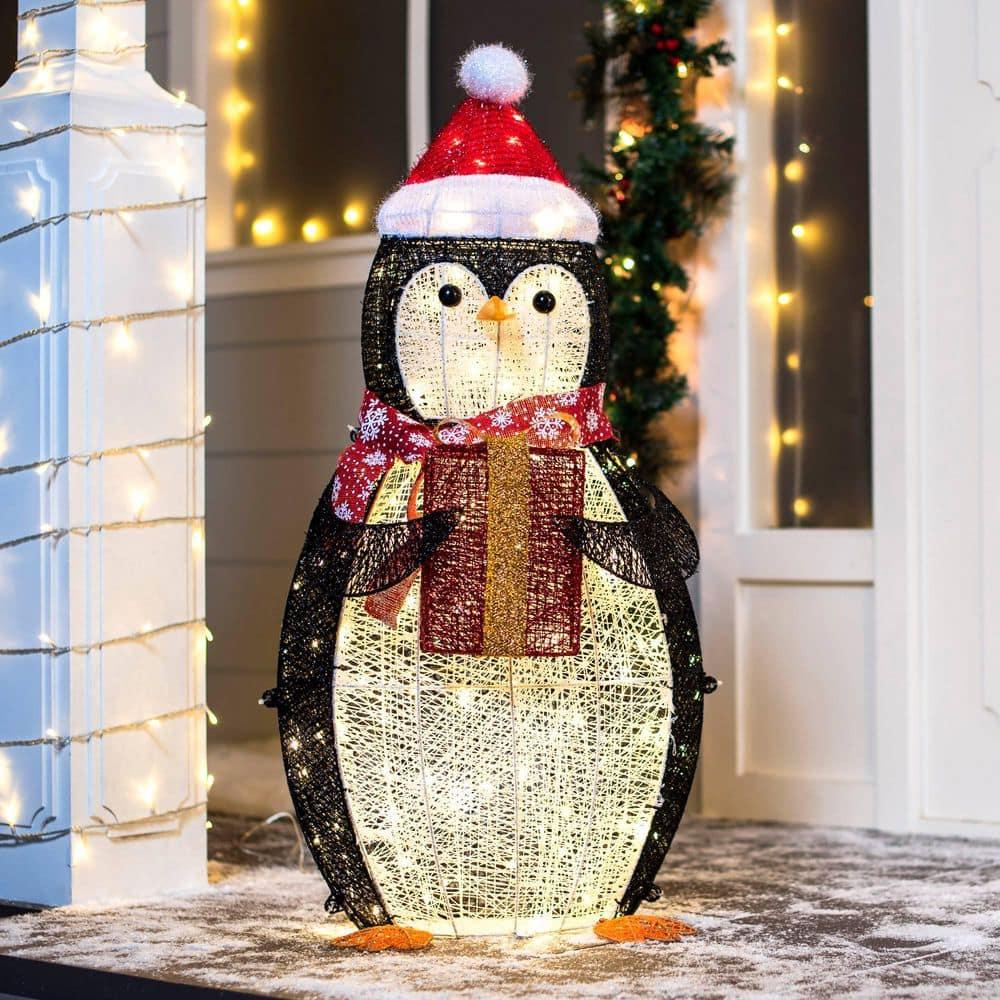 36 in. Tall White, Black and Red Cotton Penguin LED Yard Light