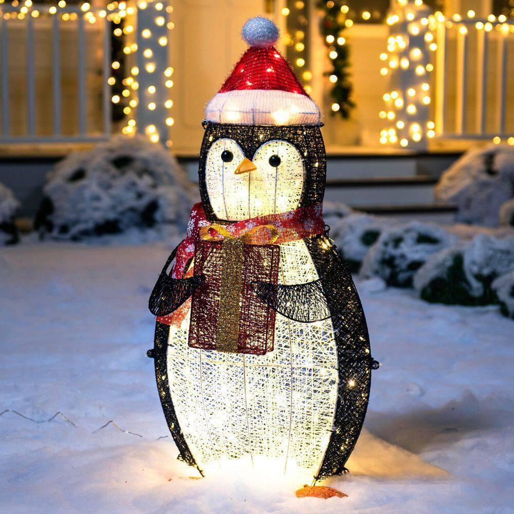 36 in. Tall White, Black and Red Cotton Penguin LED Yard Light