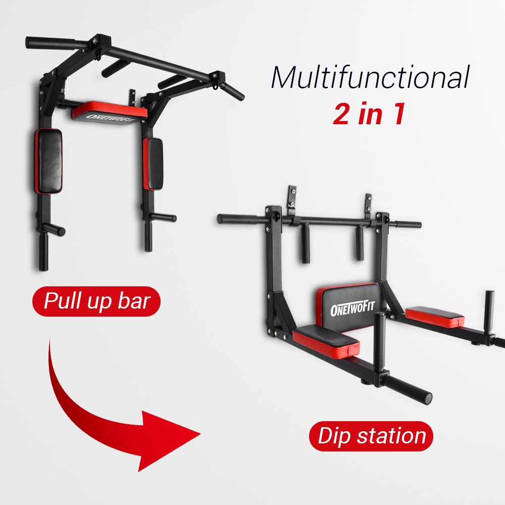 OneTwoFit Multifunctional Wall Mounted Pull Up Bar/Chin Up bar, Power Tower Set Training Equipment Fitness Dip Stand OT126