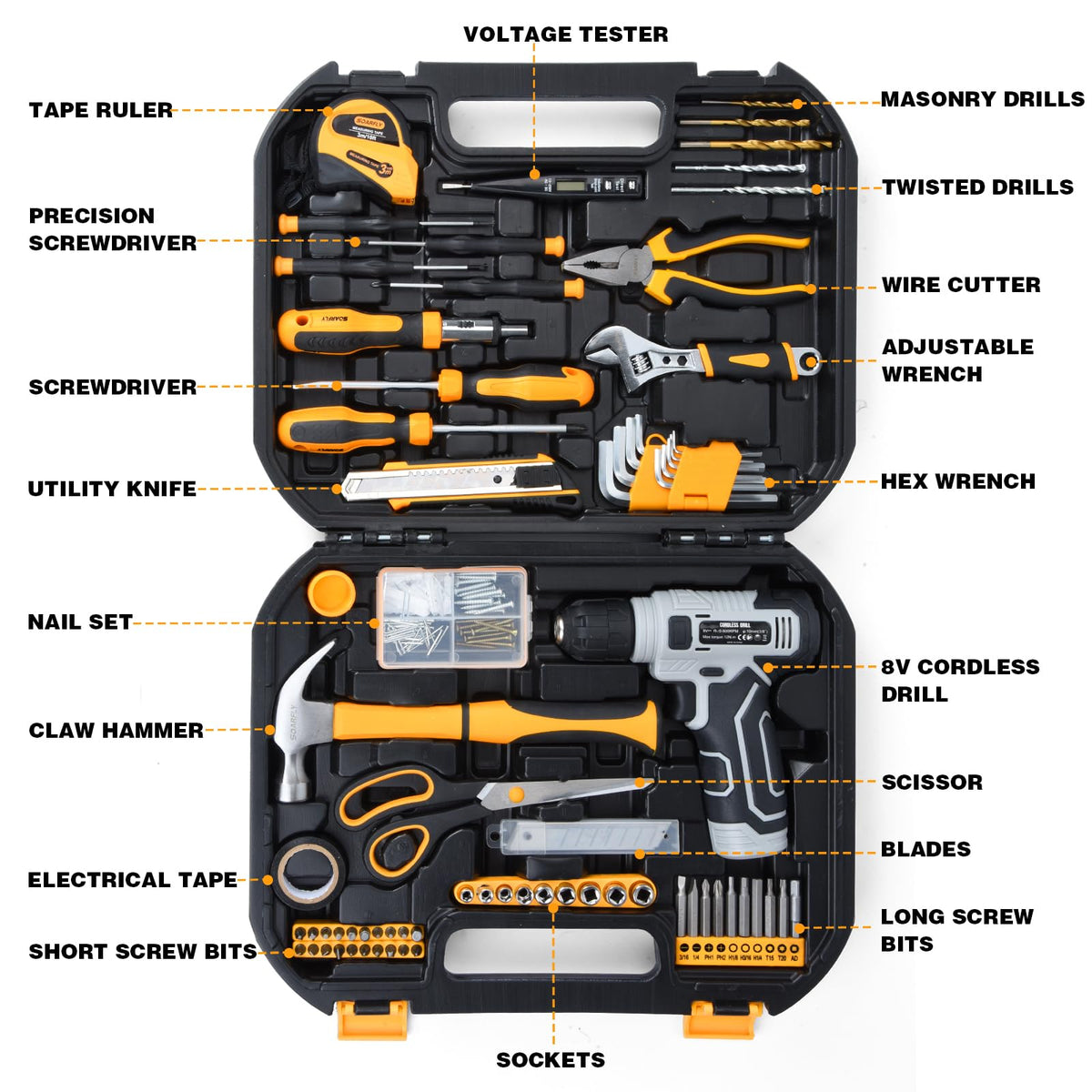 Upgraded 180 Piece Tool Set, Tool Kit with 8V Cordless Drill Set, General Household Hand Drill Kit for Men and Women, Plastic StoraToolbox for DIYers, Home Maintenance and Everyday Repairs(Orange)